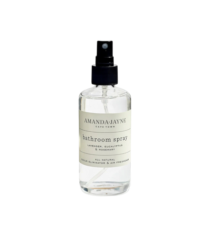 Eclectic Amanda Jayne lavender eucalyptus and rosemary room spray in a clear glass bottle with a black pump.