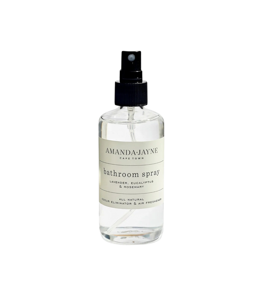 Eclectic Amanda Jayne lavender eucalyptus and rosemary room spray in a clear glass bottle with a black pump.