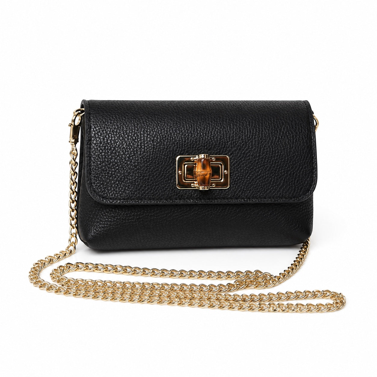 Eclectic Amber black pebbled leather clutch with gold chain strap and bamboo-inspired clasp