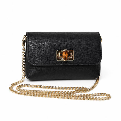 Eclectic Amber black pebbled leather clutch with gold chain strap and bamboo-inspired clasp