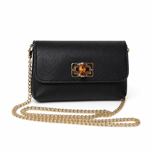 Eclectic Amber black pebbled leather clutch with gold chain strap and bamboo-inspired clasp