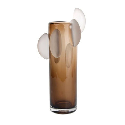 Eclectic amber brown glass vase with a tall cylindrical shape and sculptural disc accents on a white background.