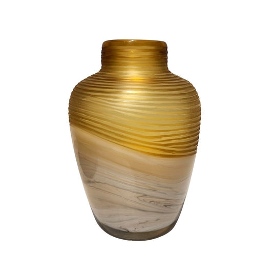 Eclectic amber marble effect glass vase with horizontal textured neck and rounded silhouette for home decor