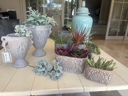 Eclectic antique cement trophy vase planters with ornate handles and weathered finish displayed on a table with plants