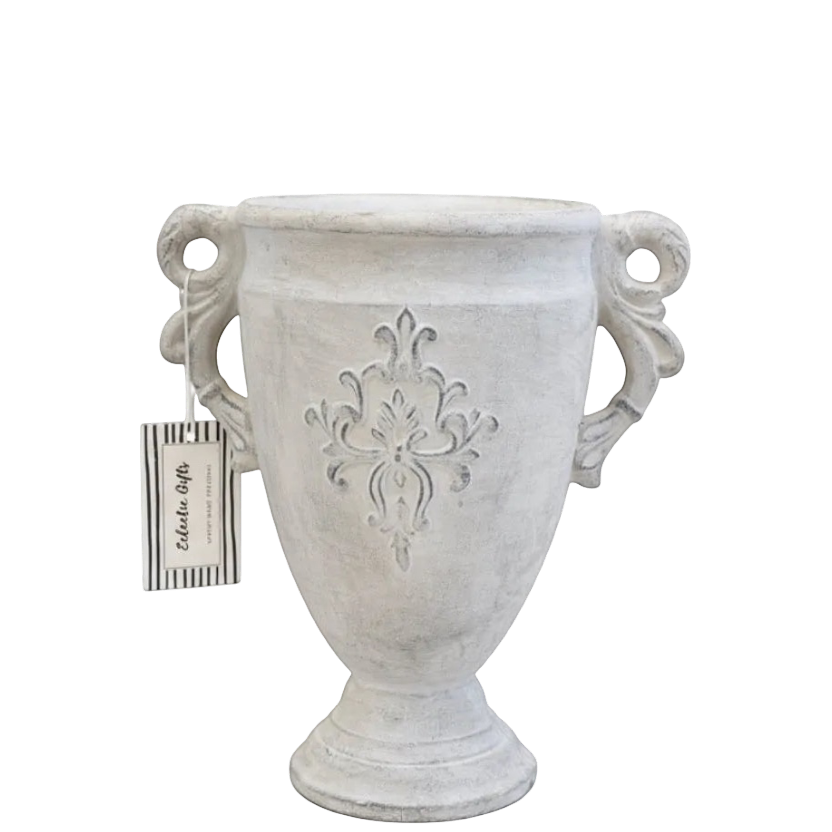 Eclectic antique cement trophy vase with ornate handles and a weathered finish, 25 cm tall decorative urn planter.