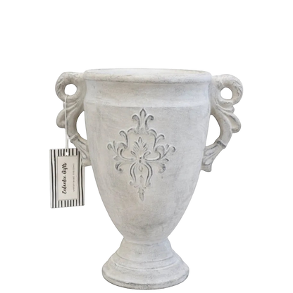 Eclectic antique cement trophy vase with ornate handles and a weathered finish, 25 cm tall decorative urn planter.