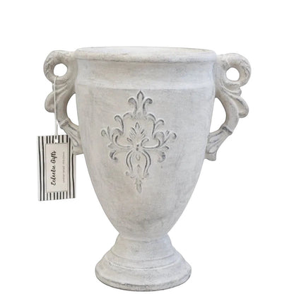 Eclectic antique cement trophy vase with ornate handles and a weathered white finish, 31cm tall.