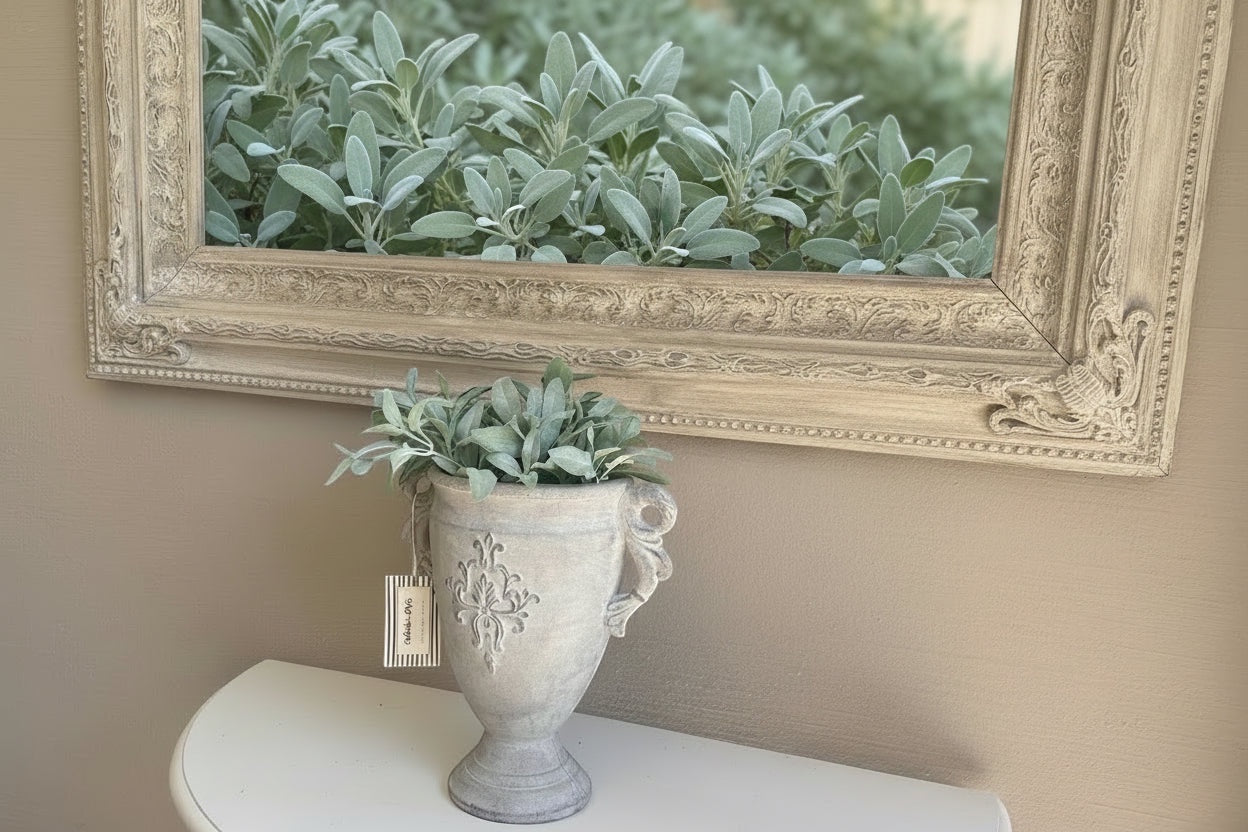 Eclectic antique cement trophy vase with ornate handles and weathered finish displayed on a console table.