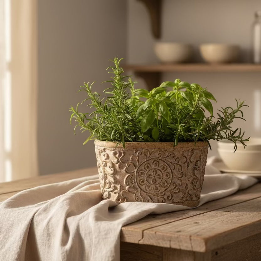 Eclectic antique oval cement herb planter with intricate scrollwork and distressed finish holding fresh green herbs.