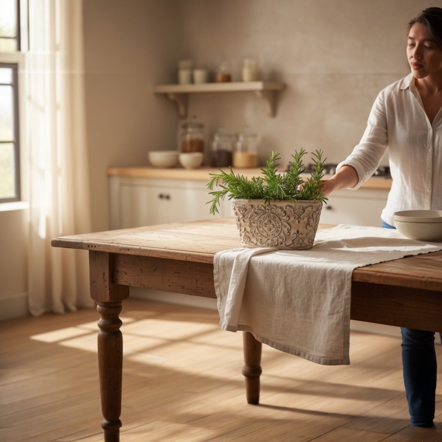 Eclectic antique oval cement herb planter with intricate scrollwork on a rustic wooden dining table in a bright kitchen.
