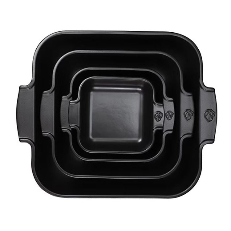 Eclectic Appolia square ceramic oven dishes in satin black, shown nested together with ribbed handles.
