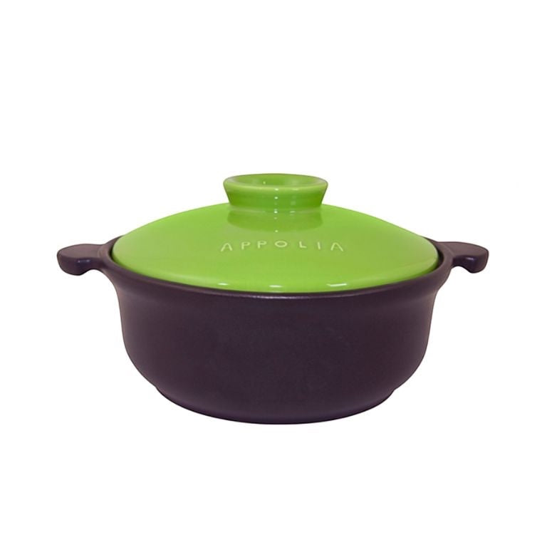 Eclectic Appolia Terre & Flamme round ceramic casserole pot with a black base and vibrant kiwi green lid.