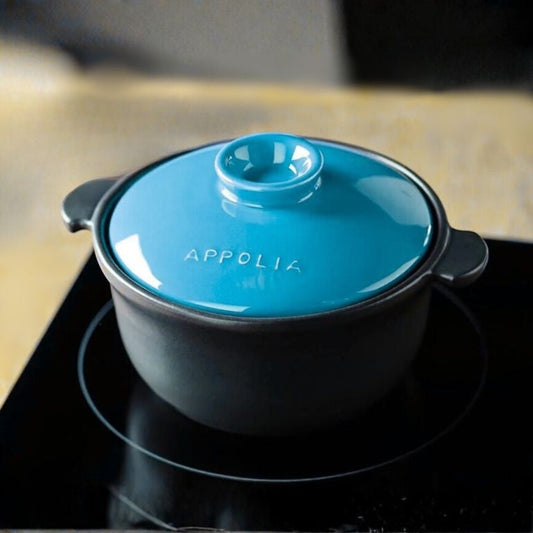 Eclectic Appolia Terre & Flamme round ceramic casserole pot with a black base and bright blue lid on a stovetop