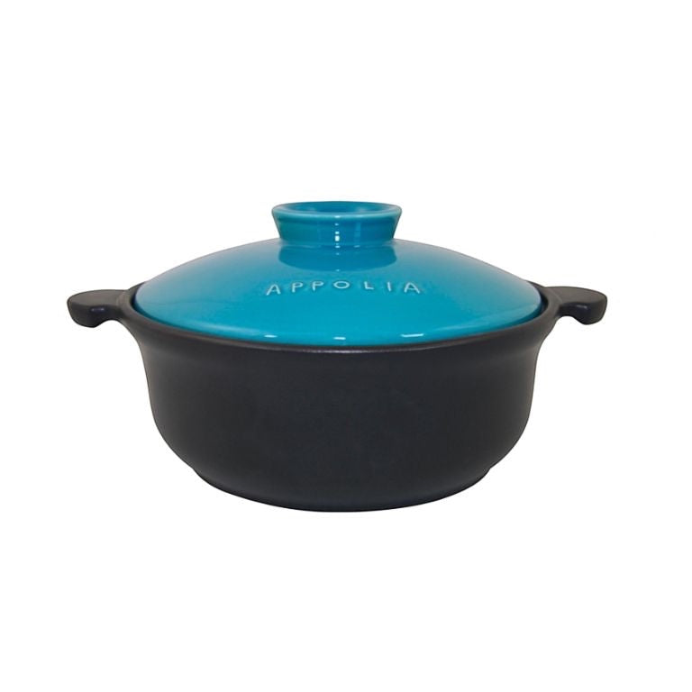 Eclectic Appolia Terre & Flamme round ceramic casserole pot with a black base and vibrant blue lid.