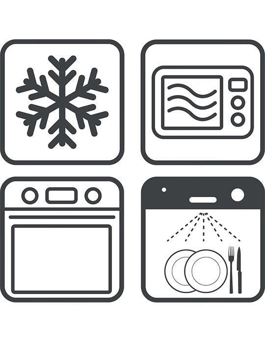 Eclectic Appolia ceramic oven dish usage icons for freezer, microwave, oven, and dishwasher safety.