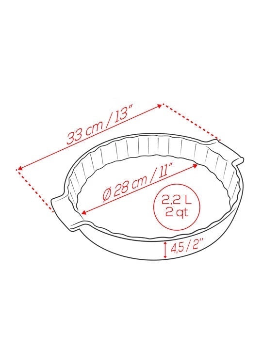 Eclectic Appolia 33 cm ceramic pie dish technical diagram showing dimensions and capacity for baking.
