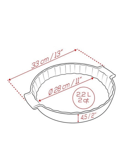Eclectic Appolia 33 cm ceramic pie dish technical diagram showing dimensions and capacity for baking.