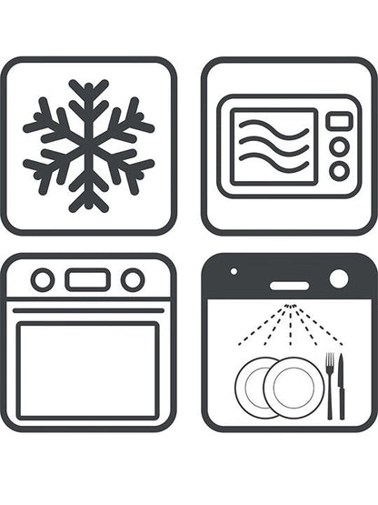 Eclectic Appolia ceramic ramekin icons showing freezer, microwave, oven, and dishwasher safe compatibility