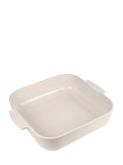 Eclectic Appolia square ceramic oven dish in ecru cream with ribbed handles for easy serving.