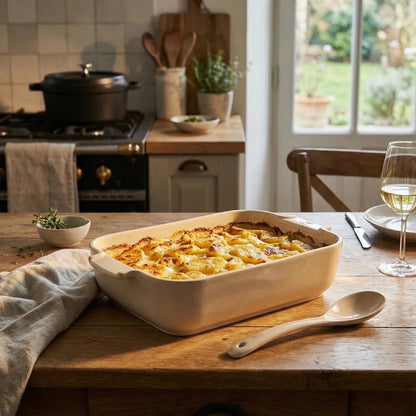 Eclectic Appolia rectangular ceramic oven dish in ecru filled with potato gratin on a rustic wooden dining table