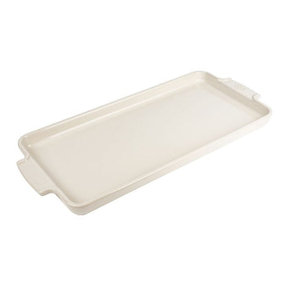Eclectic Appolia rectangular ceramic appetizer platter in ecru with ergonomic handles for oven to table serving.