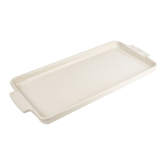 Eclectic Appolia rectangular ceramic appetizer platter in ecru with ergonomic handles for oven to table serving.