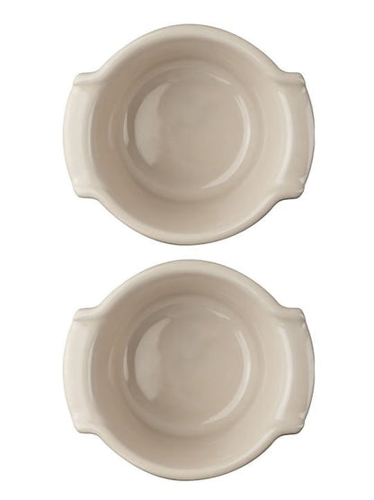 Eclectic Appolia set of two ecru glazed ceramic ramekins viewed from above for oven-to-table baking.