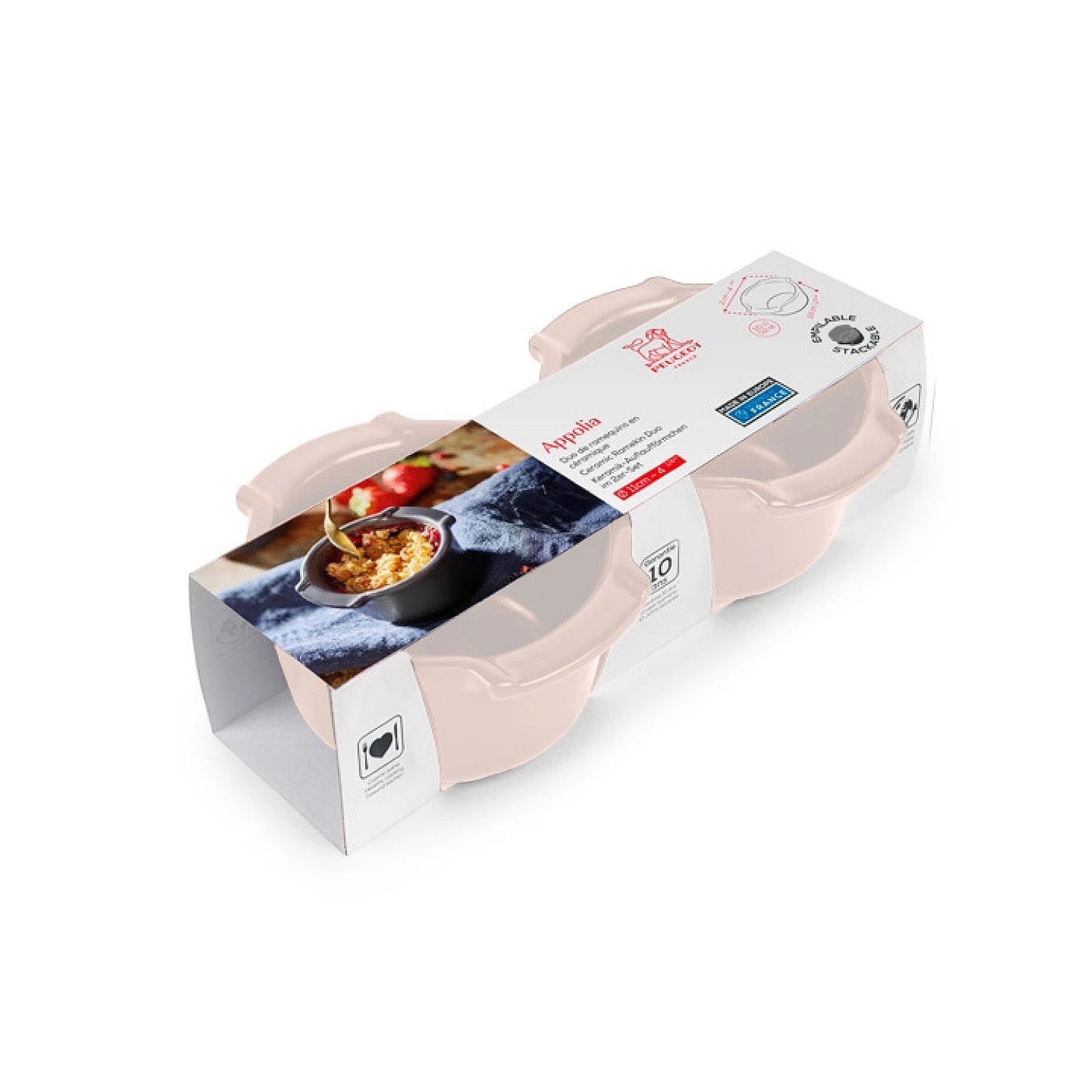 Eclectic Appolia set of two ecru ceramic ramekins in retail packaging for oven-to-table baking.