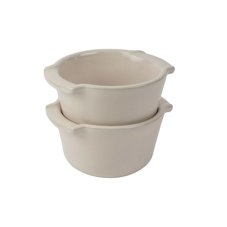 Eclectic Appolia ecru glazed ceramic ramekins stacked, 11 cm oven-to-table baking dishes.