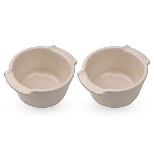 Eclectic Appolia set of two ecru glazed ceramic ramekins for oven-to-table baking and serving.