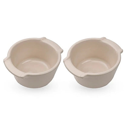 Eclectic Appolia set of two ecru glazed ceramic ramekins for oven-to-table baking and serving.