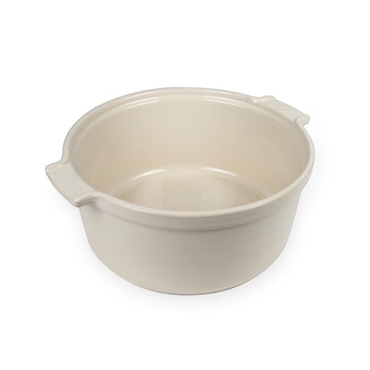 Eclectic Appolia 24 cm round ceramic soufflé dish in a soft ecru glaze with ergonomic side handles.