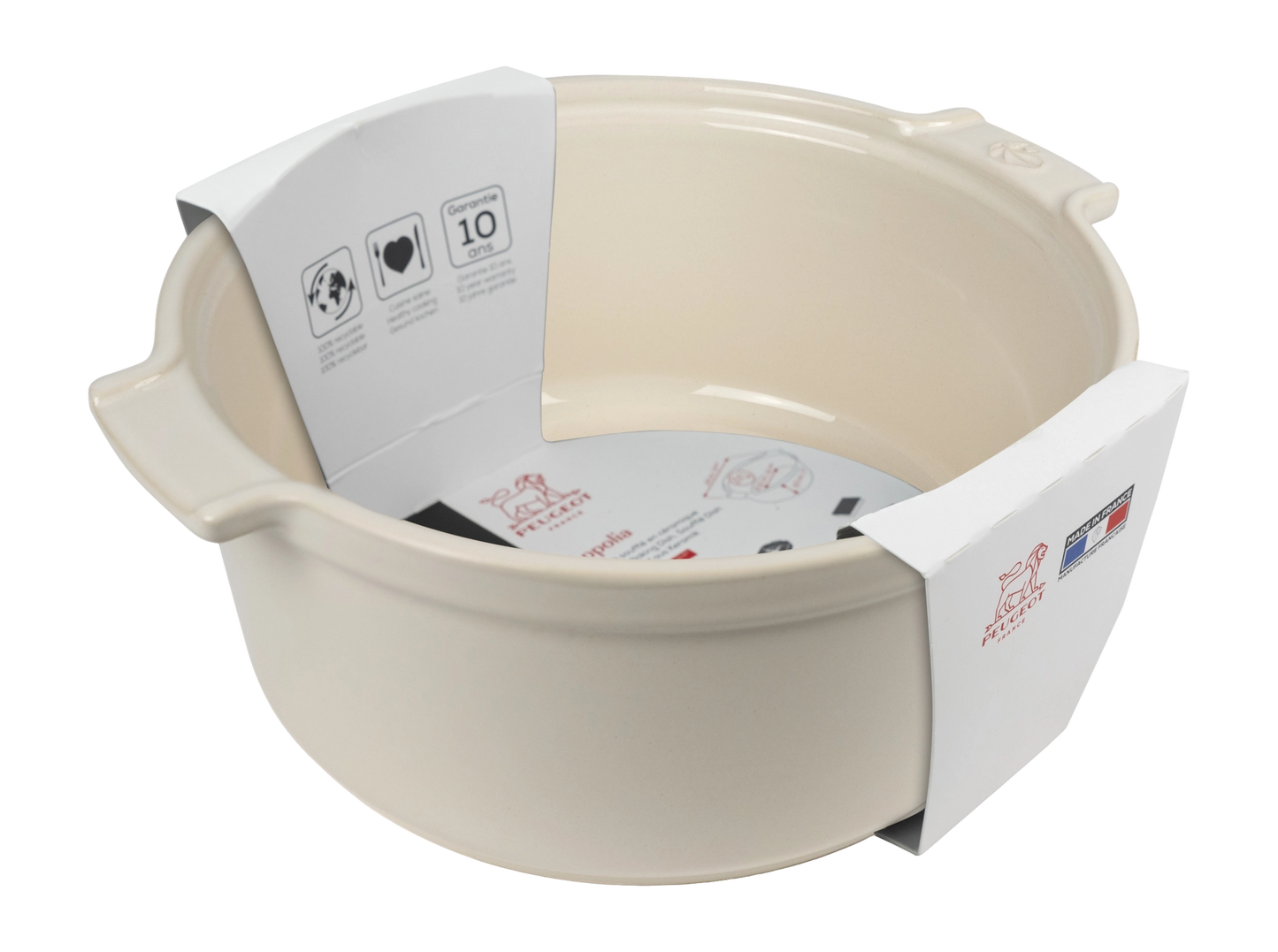 Eclectic Appolia 24 cm round ceramic soufflé dish in ecru with ergonomic handles and product information label