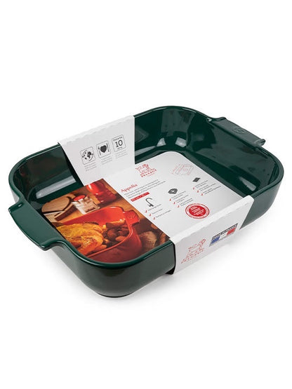 Eclectic Appolia forest green rectangular ceramic oven dish with ribbed handles and product information label.