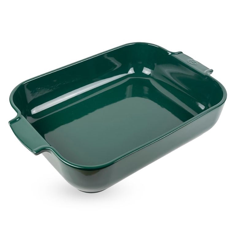 Eclectic Appolia rectangular ceramic oven dish in a glossy forest green finish with wide ribbed handles.