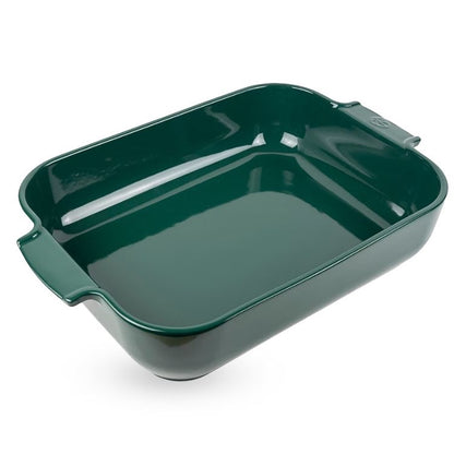 Eclectic Appolia rectangular ceramic oven dish in a glossy forest green finish with wide ribbed handles.