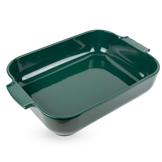 Eclectic Appolia rectangular ceramic oven dish in a glossy forest green finish with wide ribbed handles.