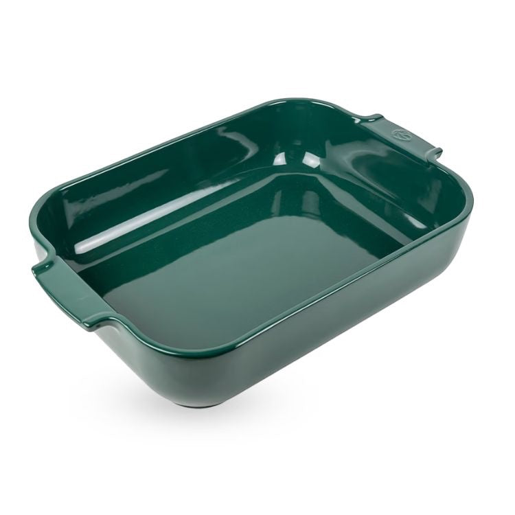 Eclectic Appolia rectangular ceramic oven dish in a glossy forest green finish with wide ribbed handles.