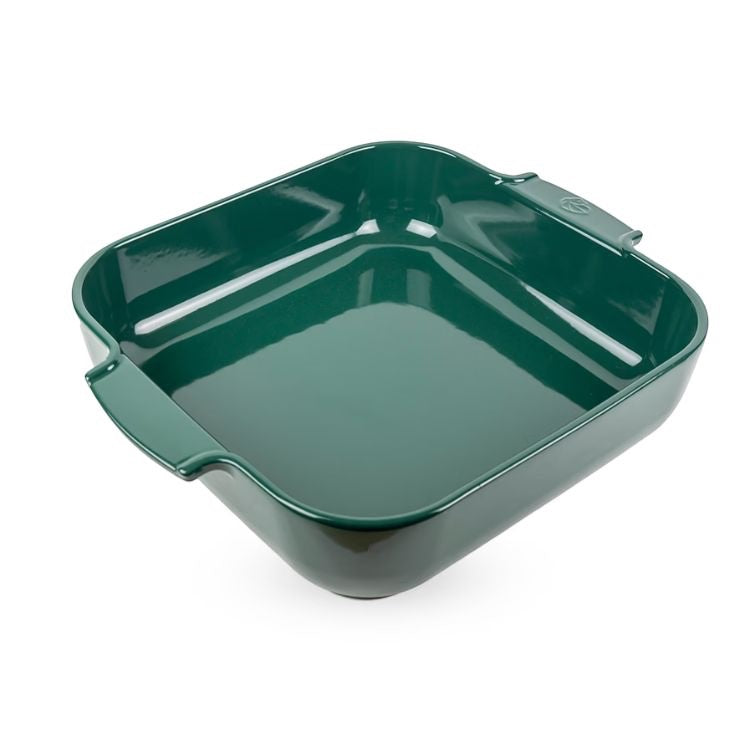 Eclectic Appolia square ceramic oven dish in a glossy forest green glaze with wide ribbed handles