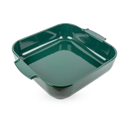 Eclectic Appolia square ceramic oven dish in a glossy forest green glaze with wide ribbed handles