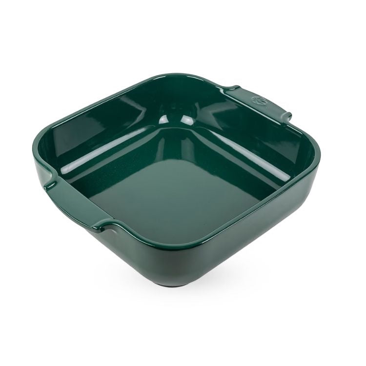 Eclectic Appolia square ceramic oven dish in a glossy forest green glaze with wide ribbed handles for easy gripping.