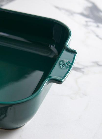 Eclectic Appolia square ceramic oven dish in forest green with ribbed handles on a marble surface