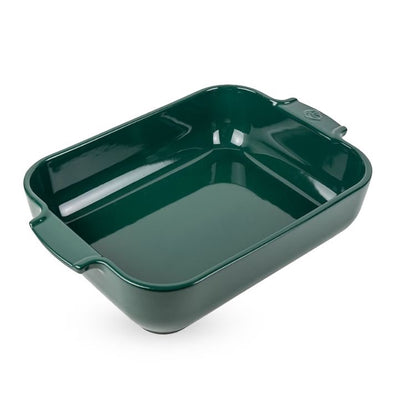 Eclectic Appolia rectangular ceramic oven dish in a glossy forest green glaze with wide ribbed handles.