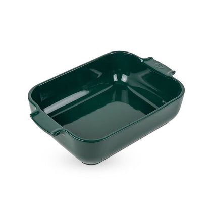 Eclectic Appolia forest green ceramic rectangular oven dish with wide ribbed handles for easy serving.