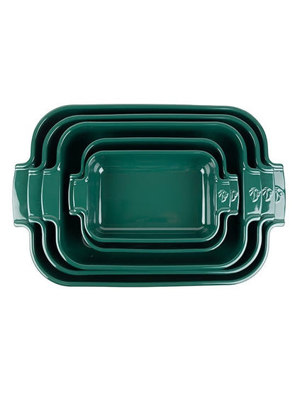 Eclectic Appolia forest green rectangular ceramic oven dishes nested together with ribbed handles