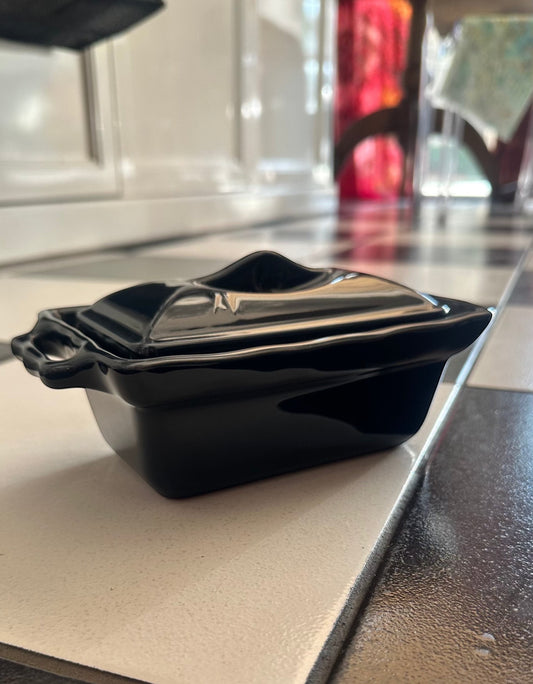 Eclectic Appolia navy ceramic terrine dish with a fitted lid, perfect for pâté or as a stylish butter dish.