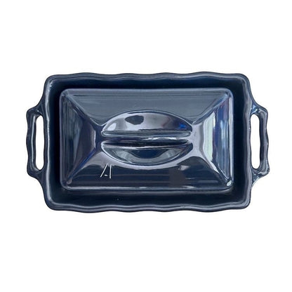 Eclectic Appolia navy ceramic terrine dish with lid, featuring a rectangular shape and elegant glazed finish.