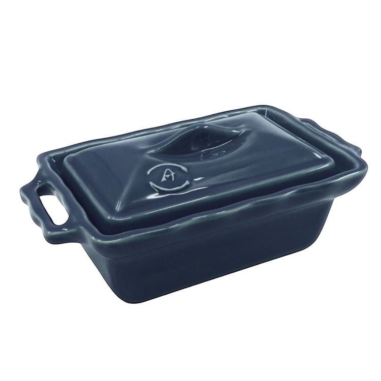 Eclectic Appolia navy ceramic terrine dish with a fitted lid for baking pate or serving butter, made in France.