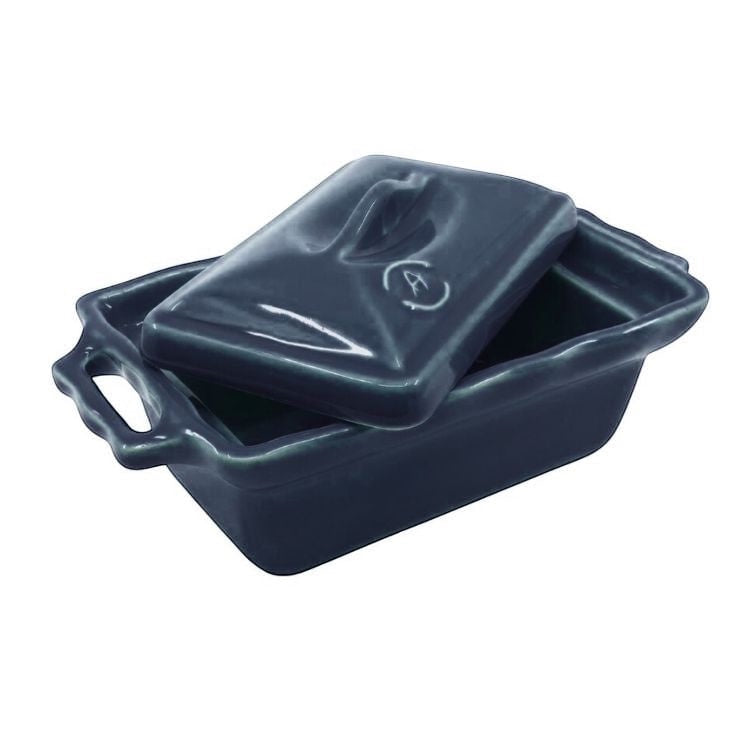 Eclectic Appolia navy ceramic terrine dish with a fitted lid, perfect for baking pâtés or serving butter.