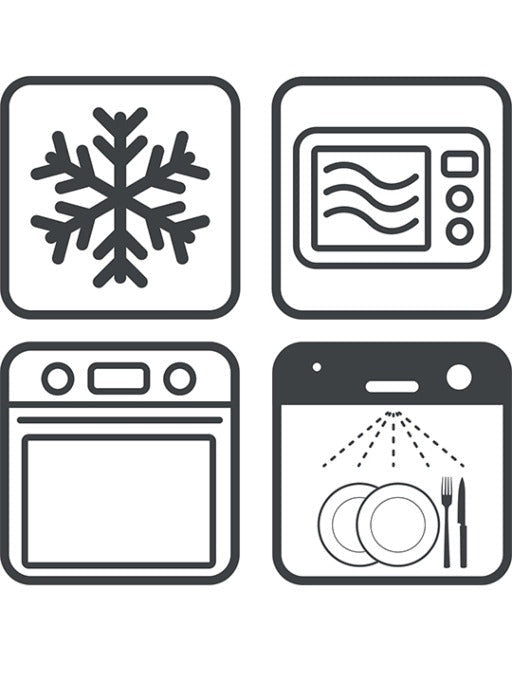 Eclectic icons showing the Appolia oven dish is safe for freezer, microwave, oven, and dishwasher use.
